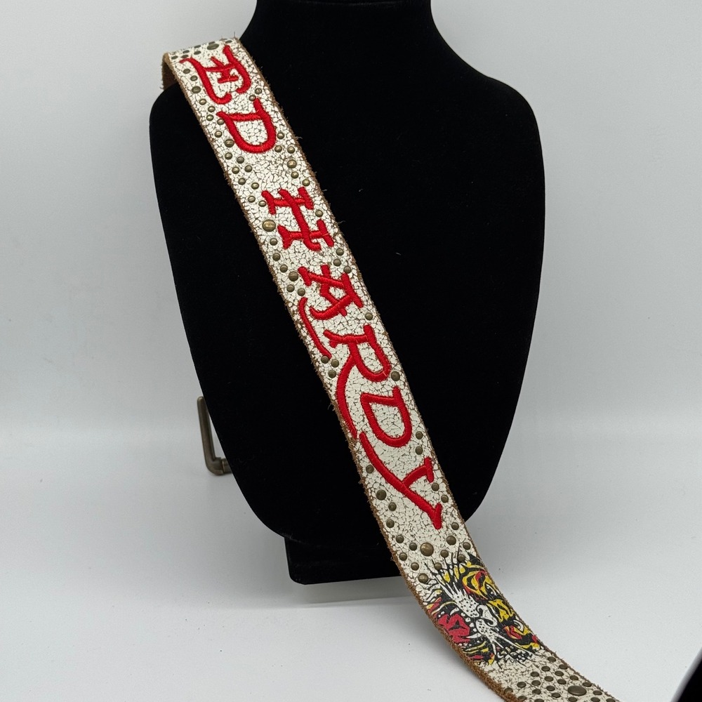 Vintage Ed Hardy Studded Leather Belt White Crackle Red Embroidered 39" Y2K